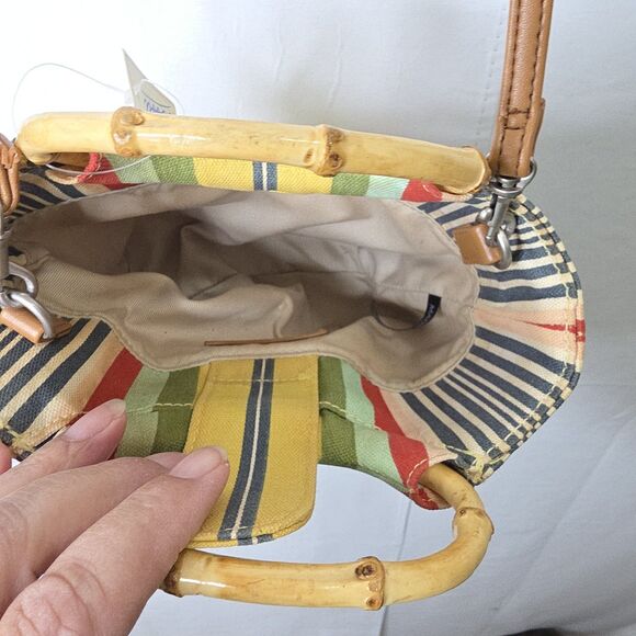 FOSSIL Sriped Canvas Crossbody Purse Bag Bamboo Handles Leather Detachable Strap - Picture 5 of 7